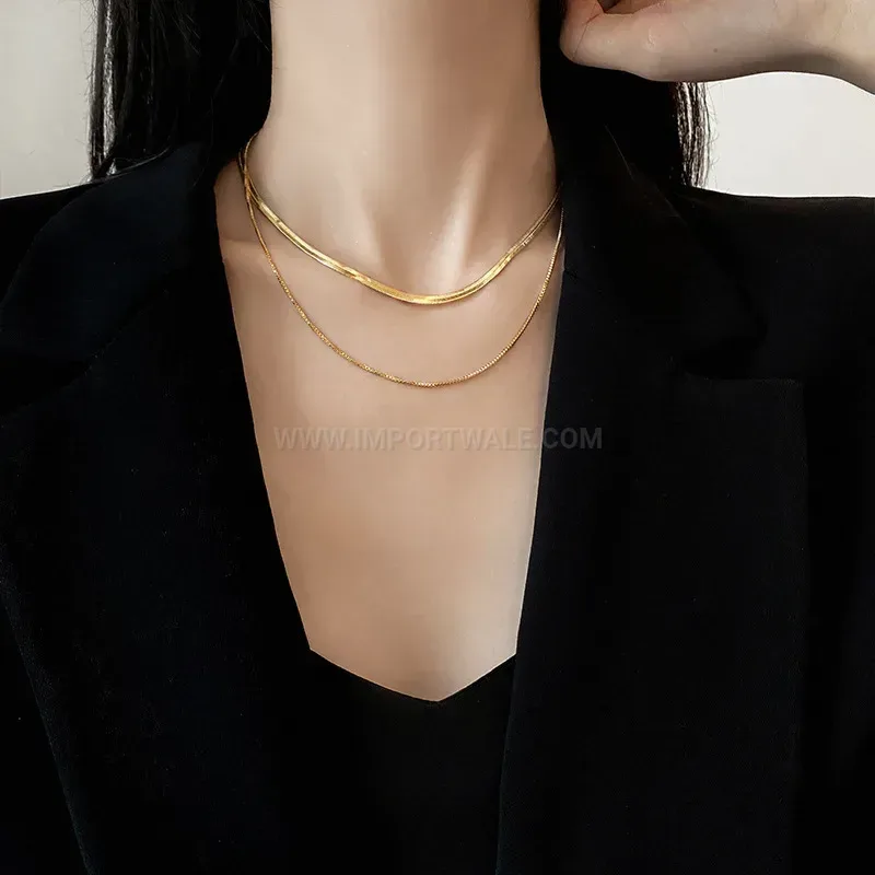 Designer Minimalist Layered Snake Chain Collar Necklace in Titanium Steel