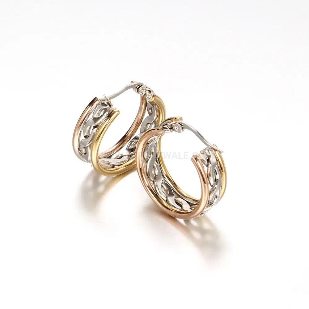 Chic Two-Tone Textured Cutout Stainless Steel Hoop Earrings