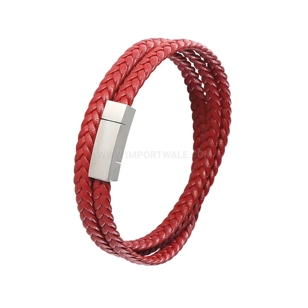 Double Wrap Braided Leather Stainless Steel Men Bracelet