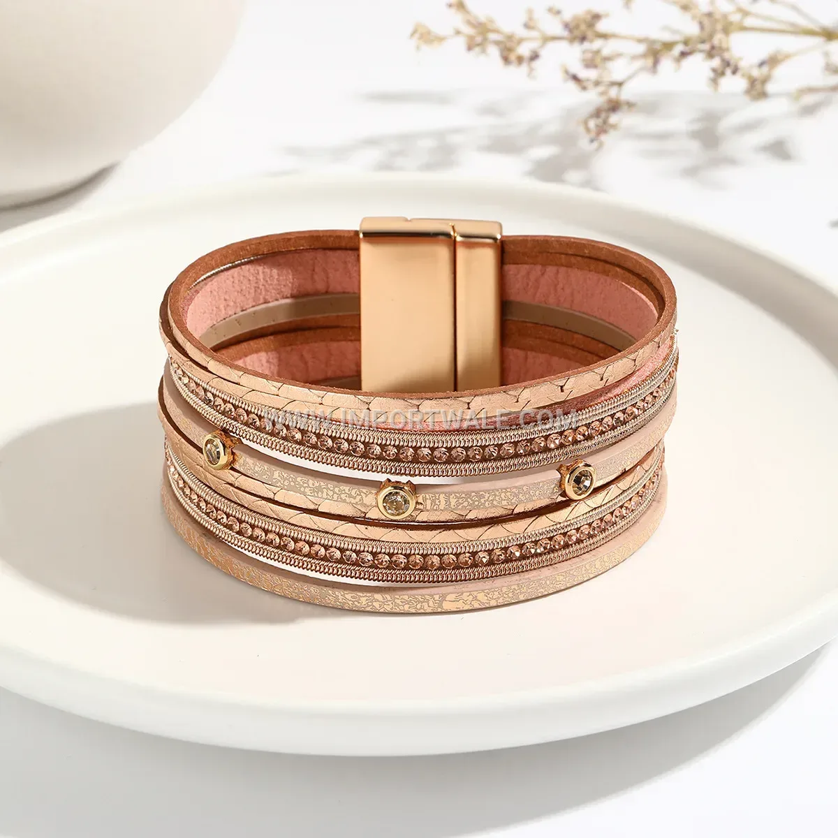 Multi-Strand Faux Leather Rhinestone Bracelet With Stainless Steel Magnetic Clasp