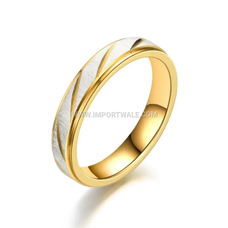 Gold-Plated Beveled Textured Stainless Steel Couple Ring
