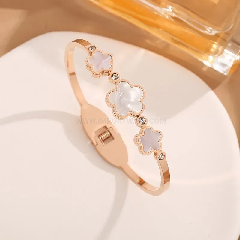 Trendy Triple Floral Rhinestone Titanium Steel Bangle Bracelet