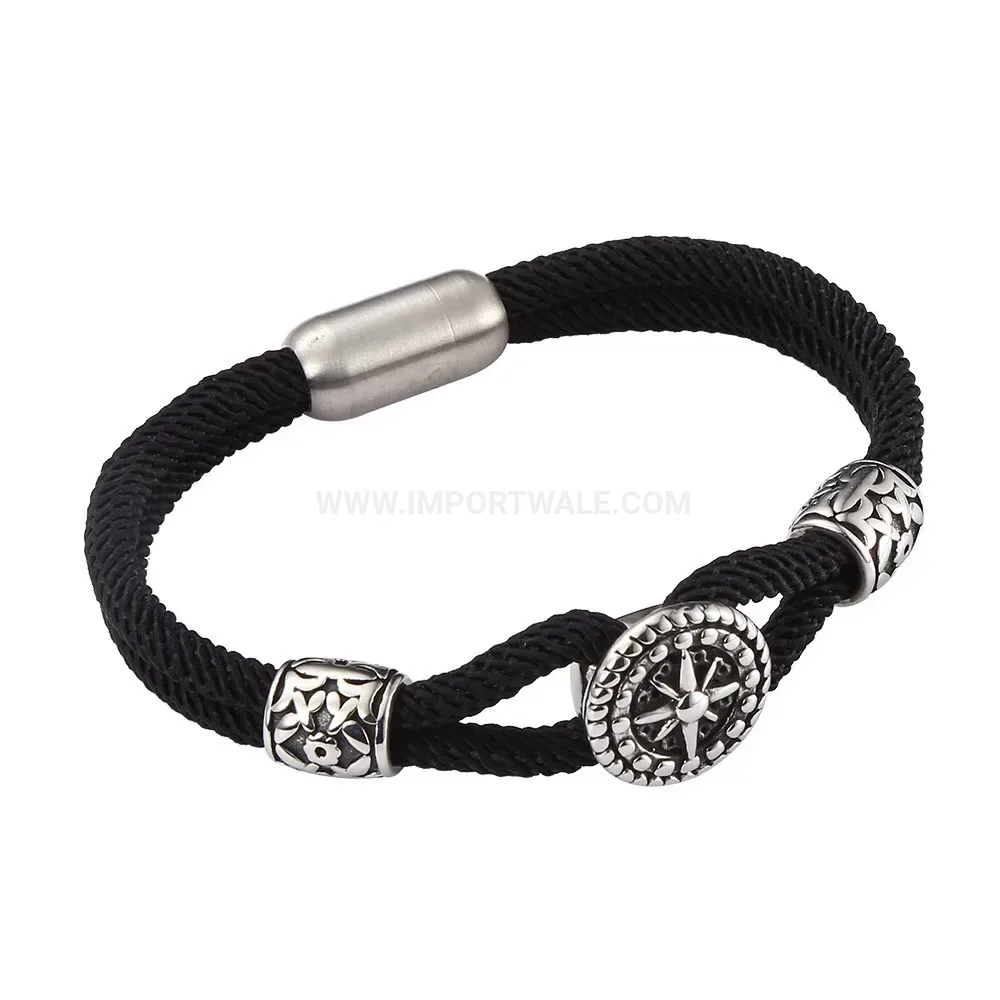 Nautical Ship Wheel Pendant Braided Cord Stainless Steel Bracelet