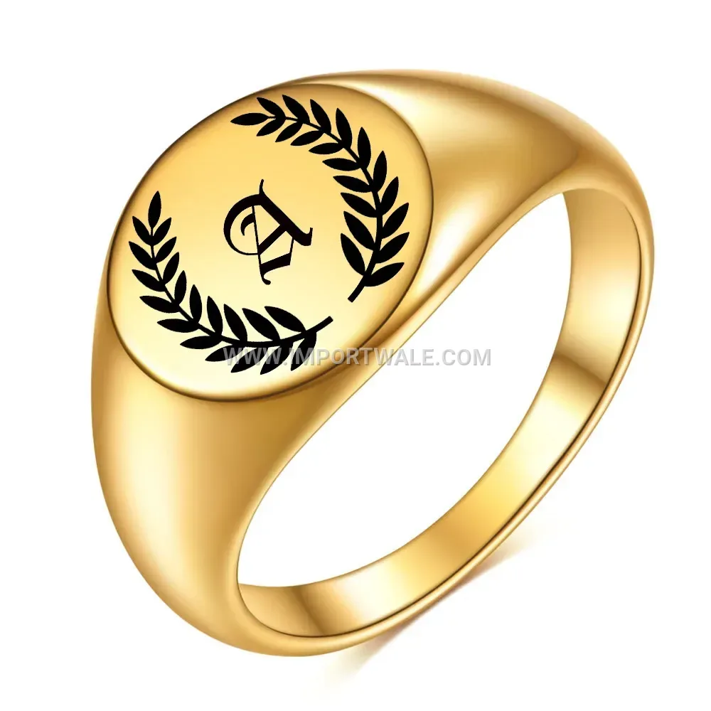 Laser Engraved Leaf Initial 18K Gold Plated Stainless Steel Ring