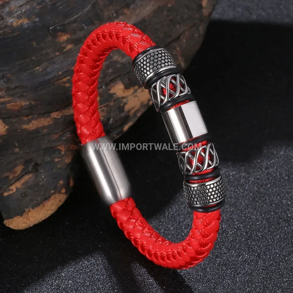 Braided Leather Wristband with Electroplated Stainless Steel Clasp