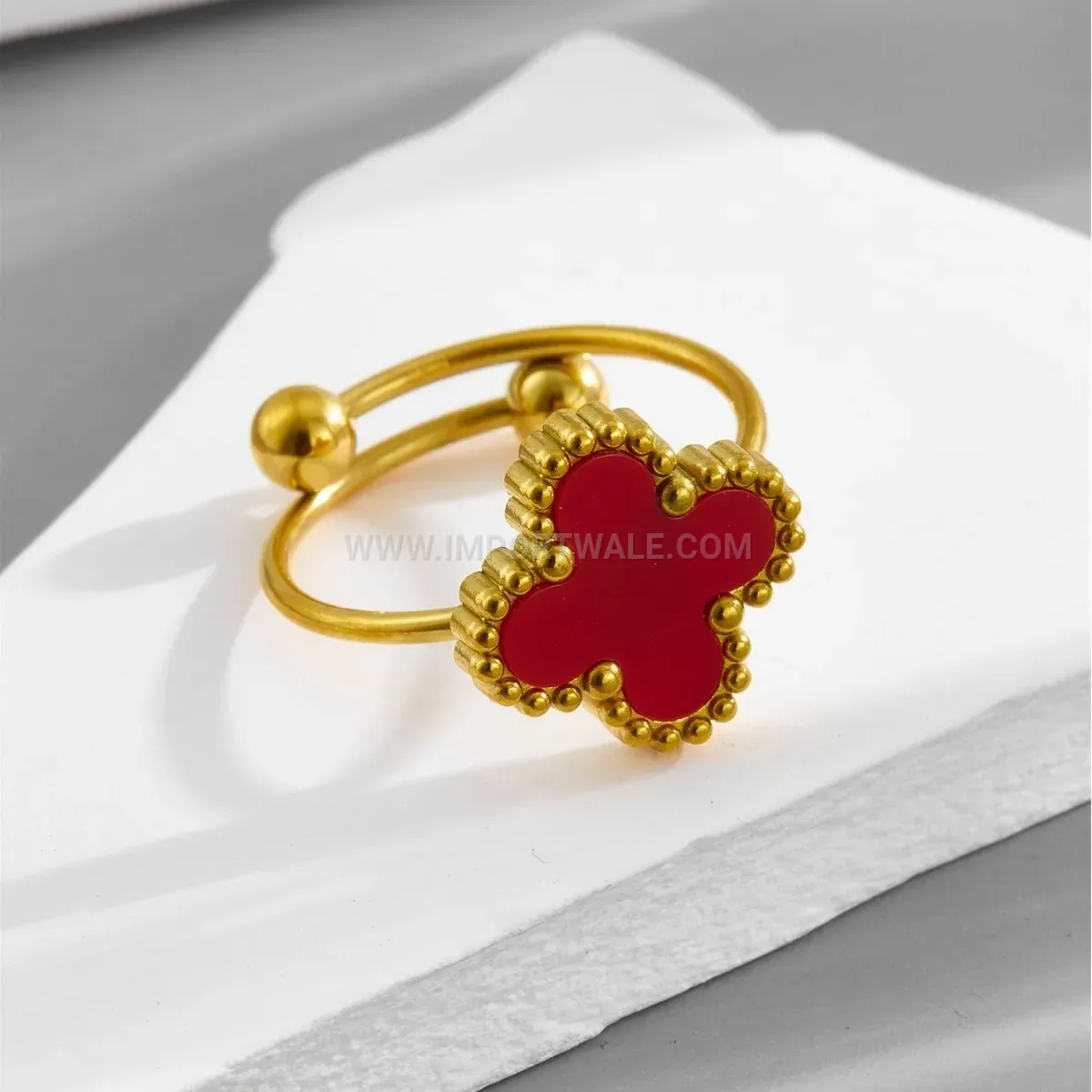 Adjustable Gold Plated Four Leaf Clover Stainless Steel Shell Ring