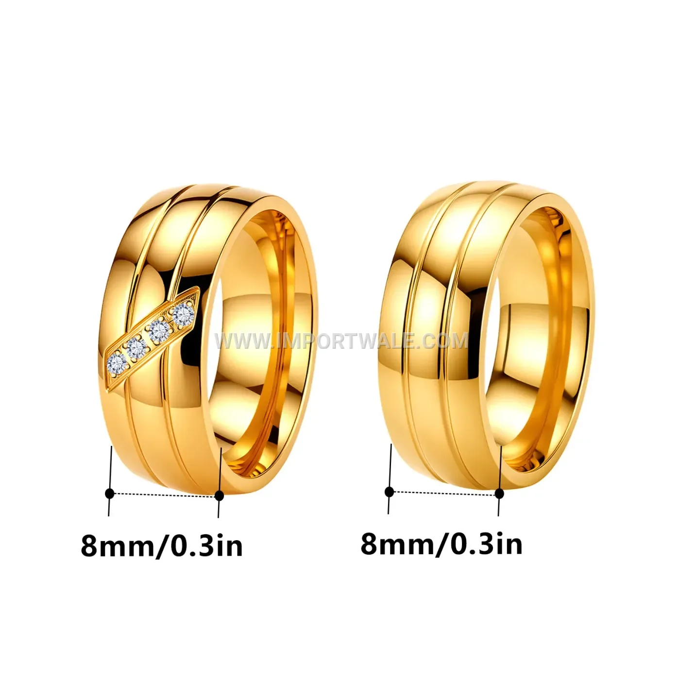 Wide Stainless Steel Double Groove Band Ring with Accented Rhinestones