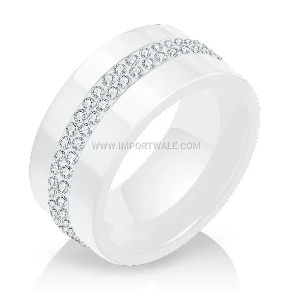 Double-Row Crystal Inlaid 10mm Wide Ceramic Ring