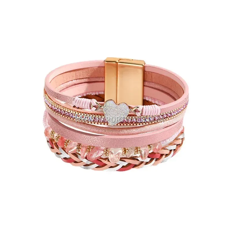Multi-Strand Braided PU Leather Heart Charm Cuff Bracelet