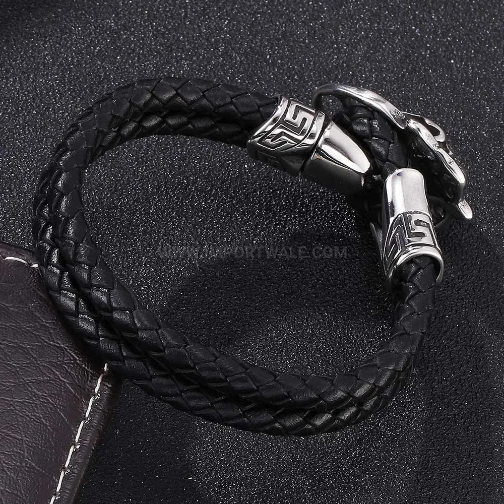 Double Wrap Black Leather Skull Accent Steel Bracelet