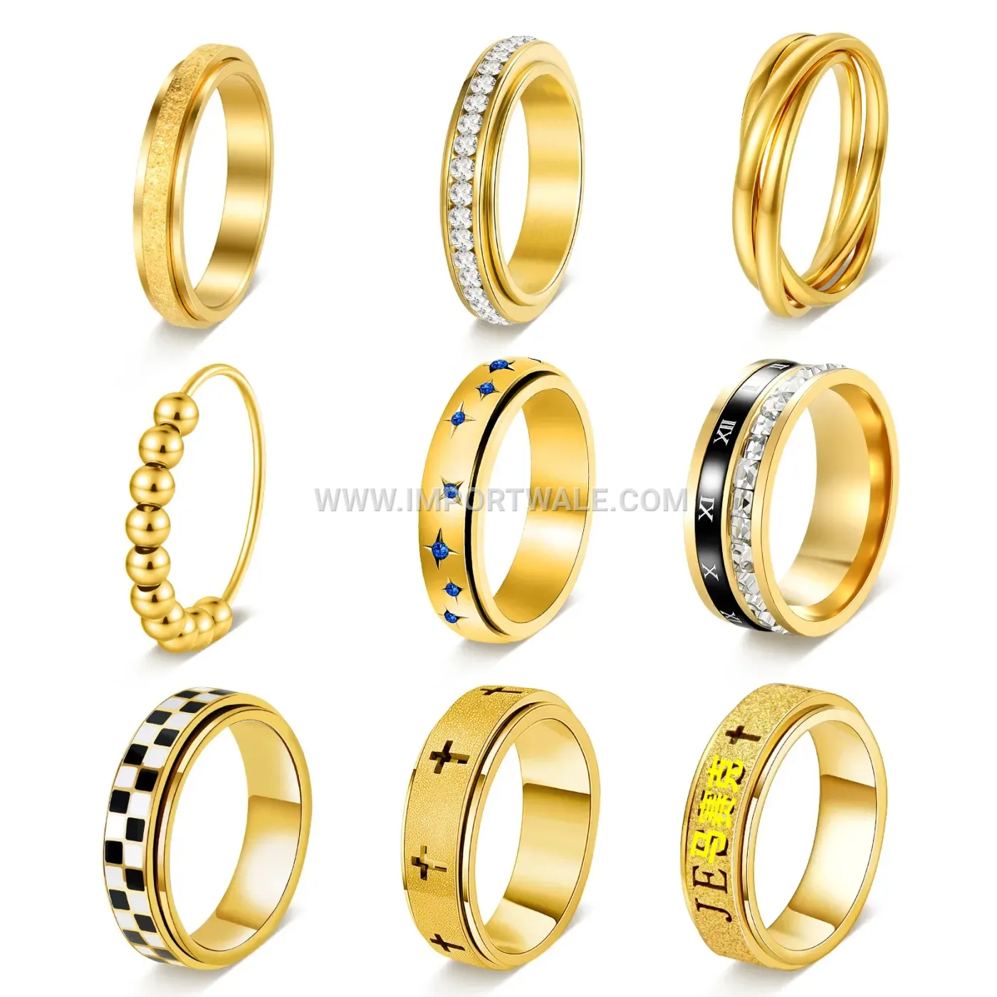 Frosted Geometric Stainless Steel Rhinestone Spinner Band Ring