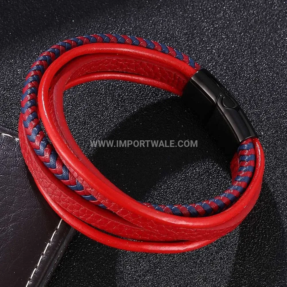 Two-Tone Woven Leather Wristband with Stainless Steel Magnetic Buckle