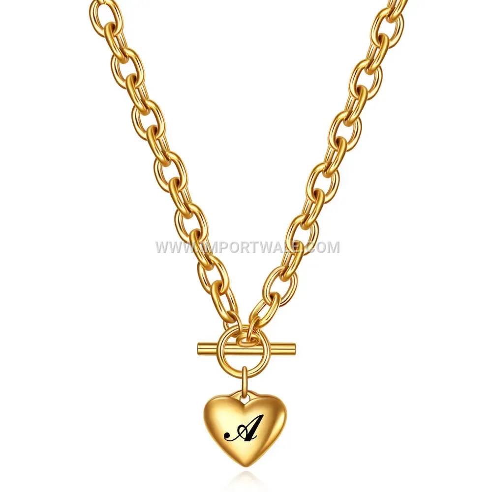 Gold Tone Stainless Steel Heart Initial Pendant OT Necklace