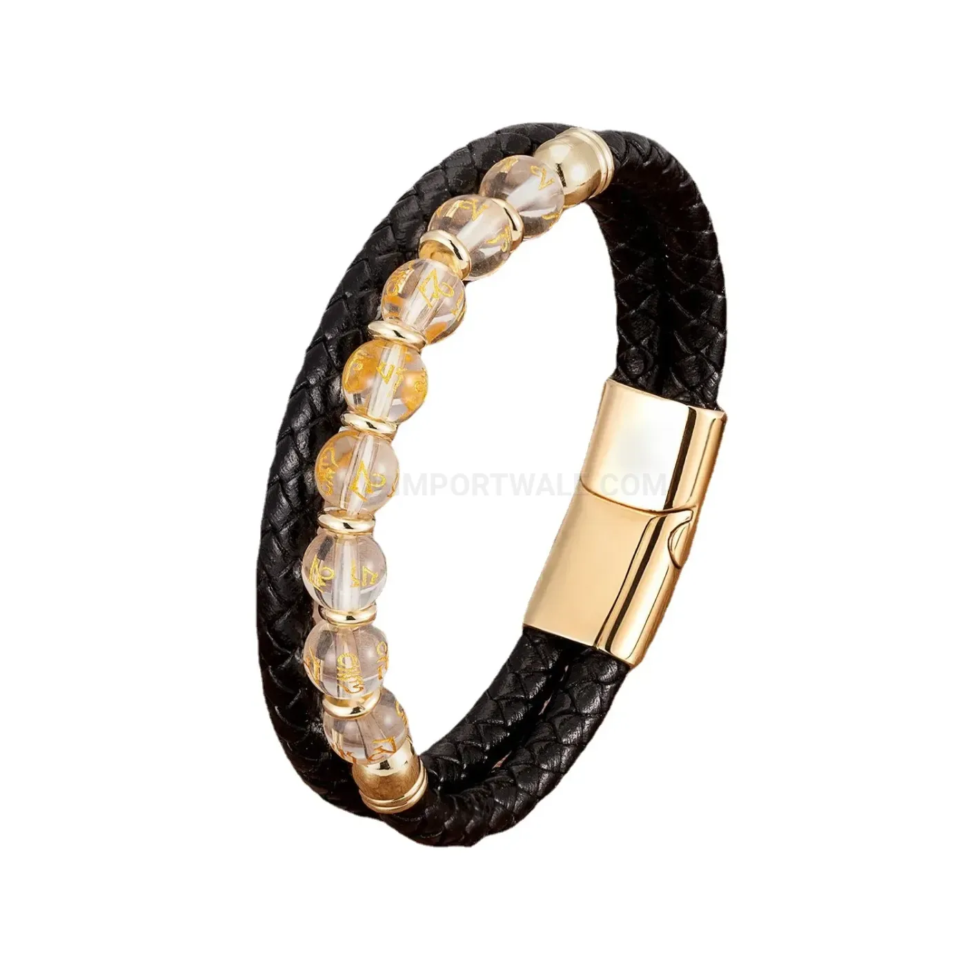 Braided Leather Stone Bead Bracelet with Stainless Steel Clasp