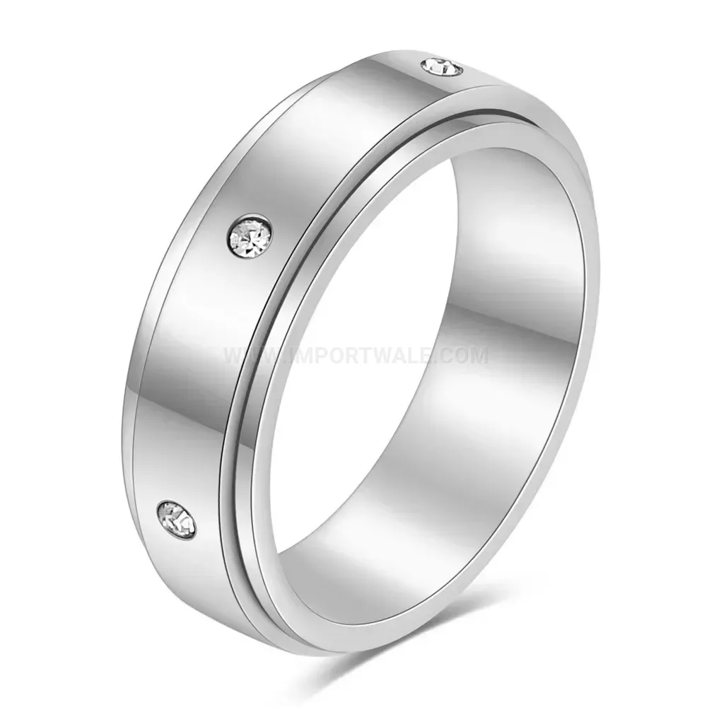 Spinner Stainless Steel Band Ring with Symmetrical Crystal Accents