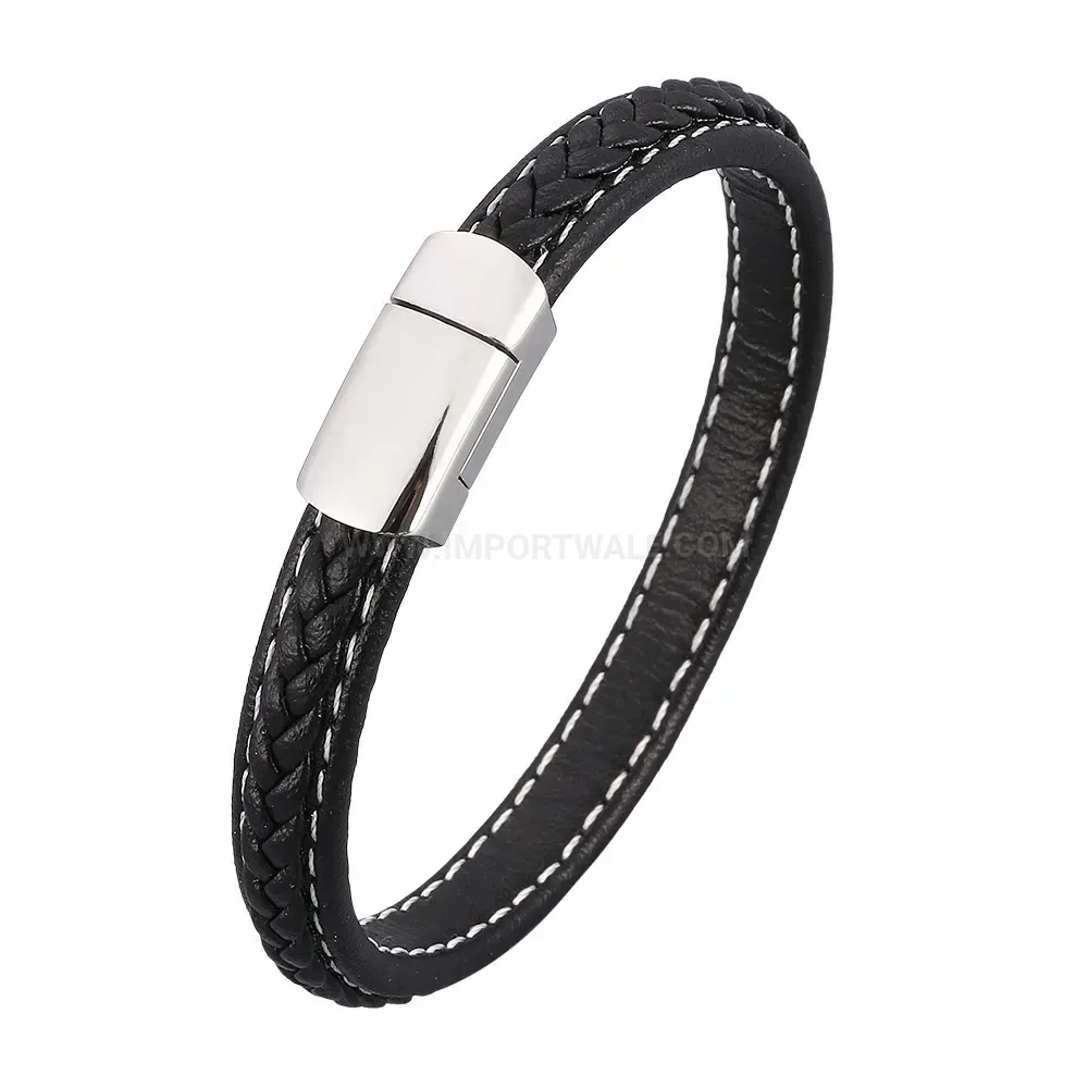 Woven Leather Wrap Wristband with Stainless Steel Magnetic Clasp