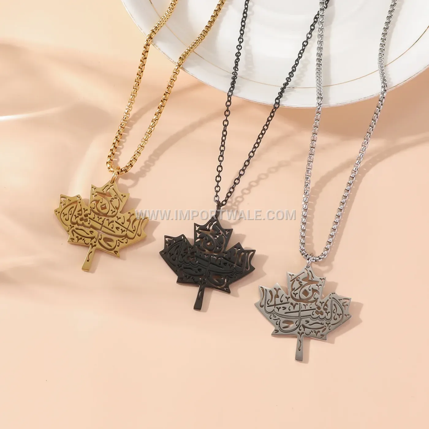 Maple Leaf Islamic Arabic Inscription Stainless Steel Pendant Necklace