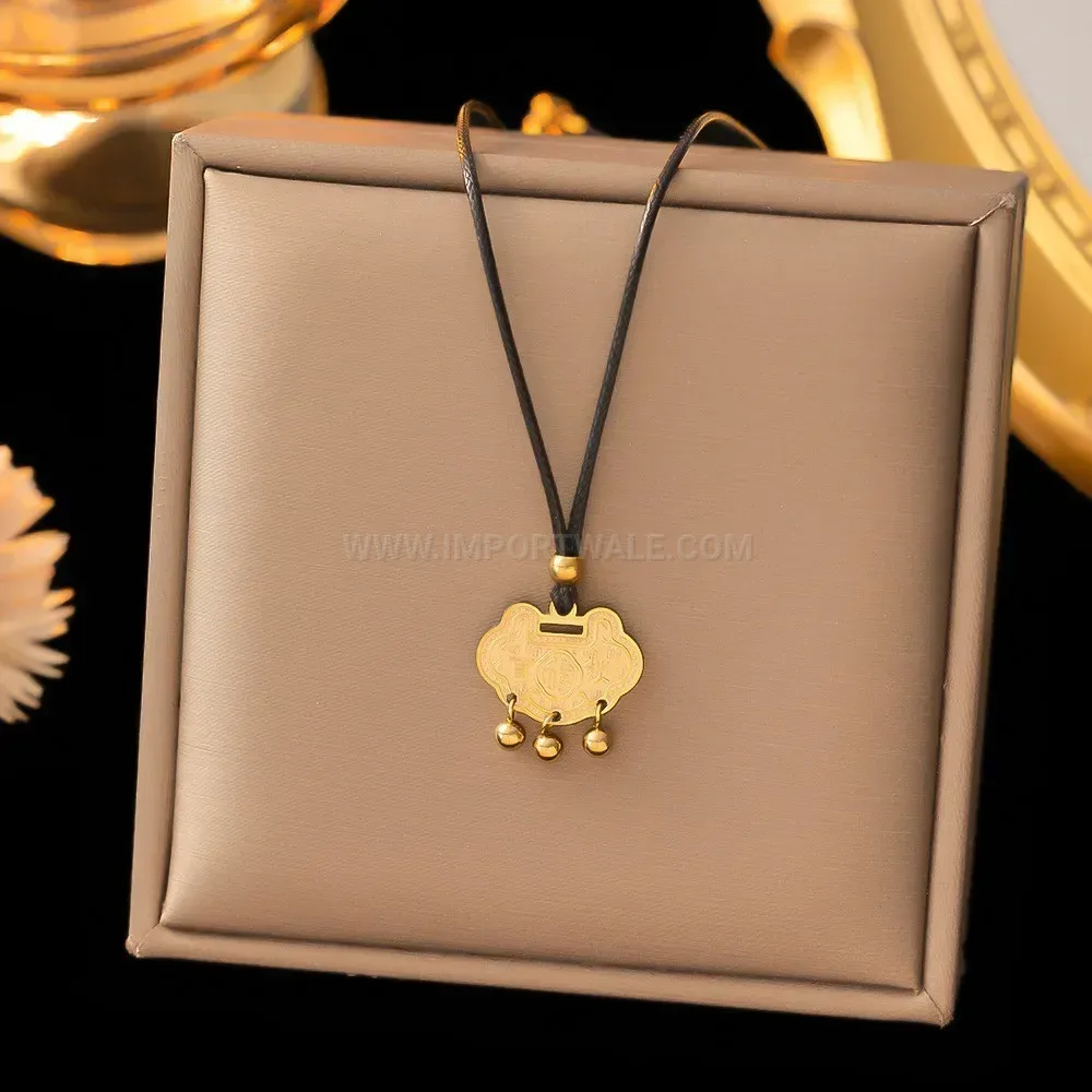 Gold Stainless Steel Longevity Lock Pendant Black Cord Necklace