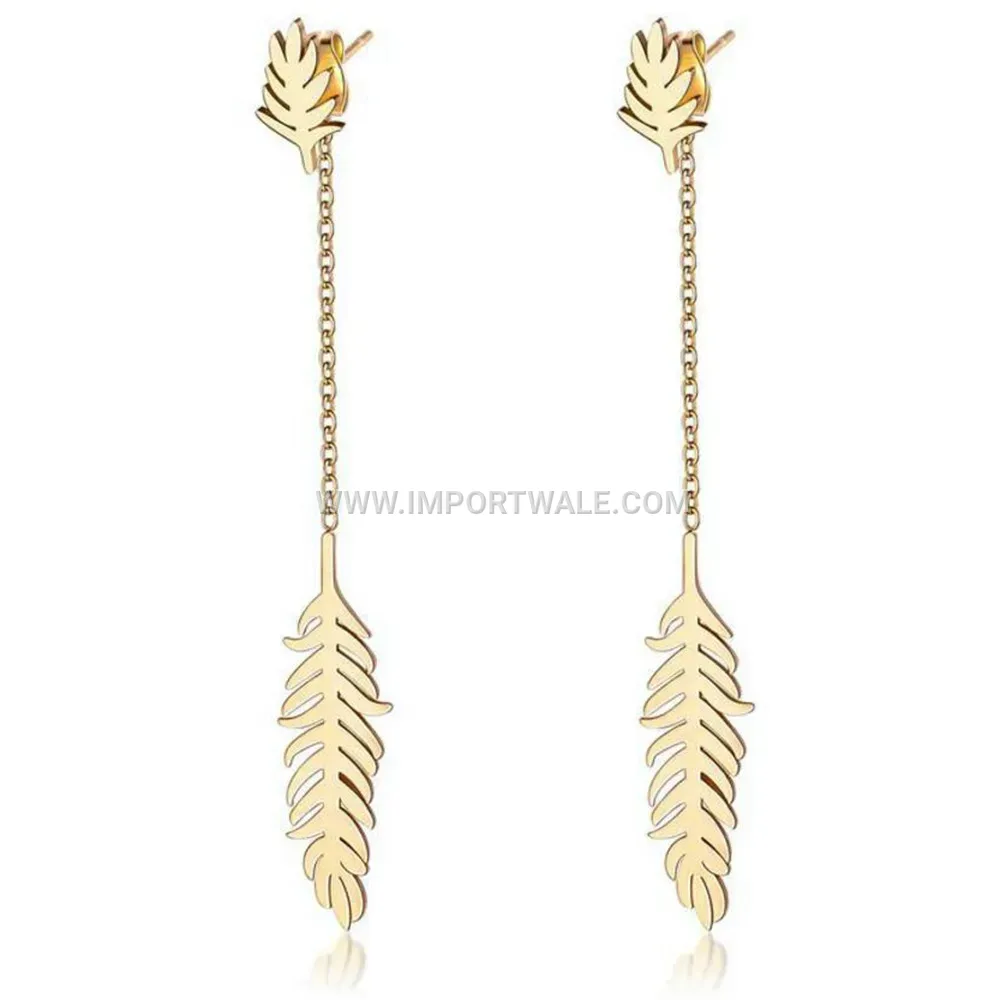 Gold Plated Stainless Steel Leaf Drop Earrings