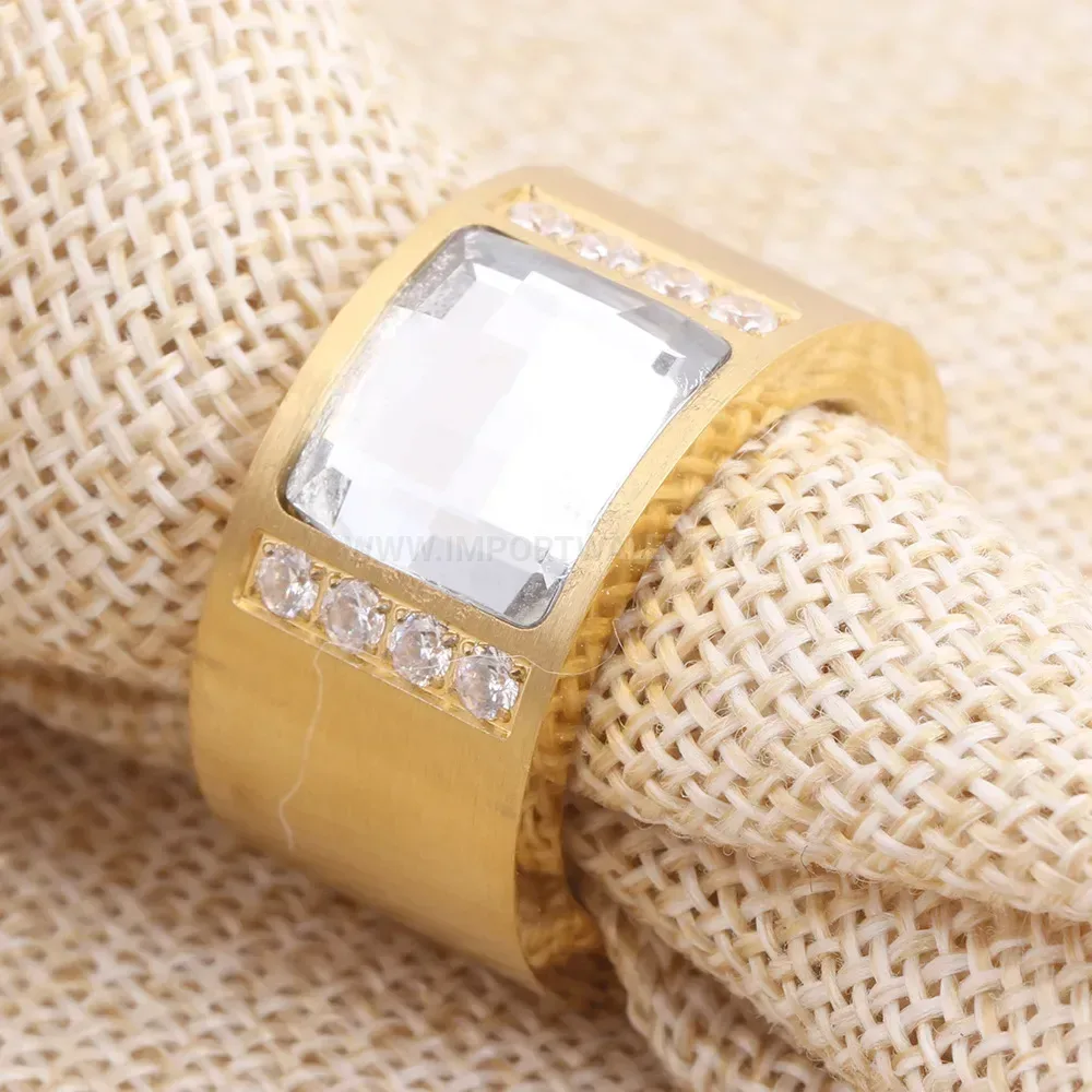 Double Row Cubic Zirconia Gold Stainless Steel Statement Ring