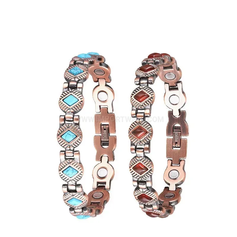 Stylish Vintage Red Copper Bio Magnetic Bracelet with Stone Accents