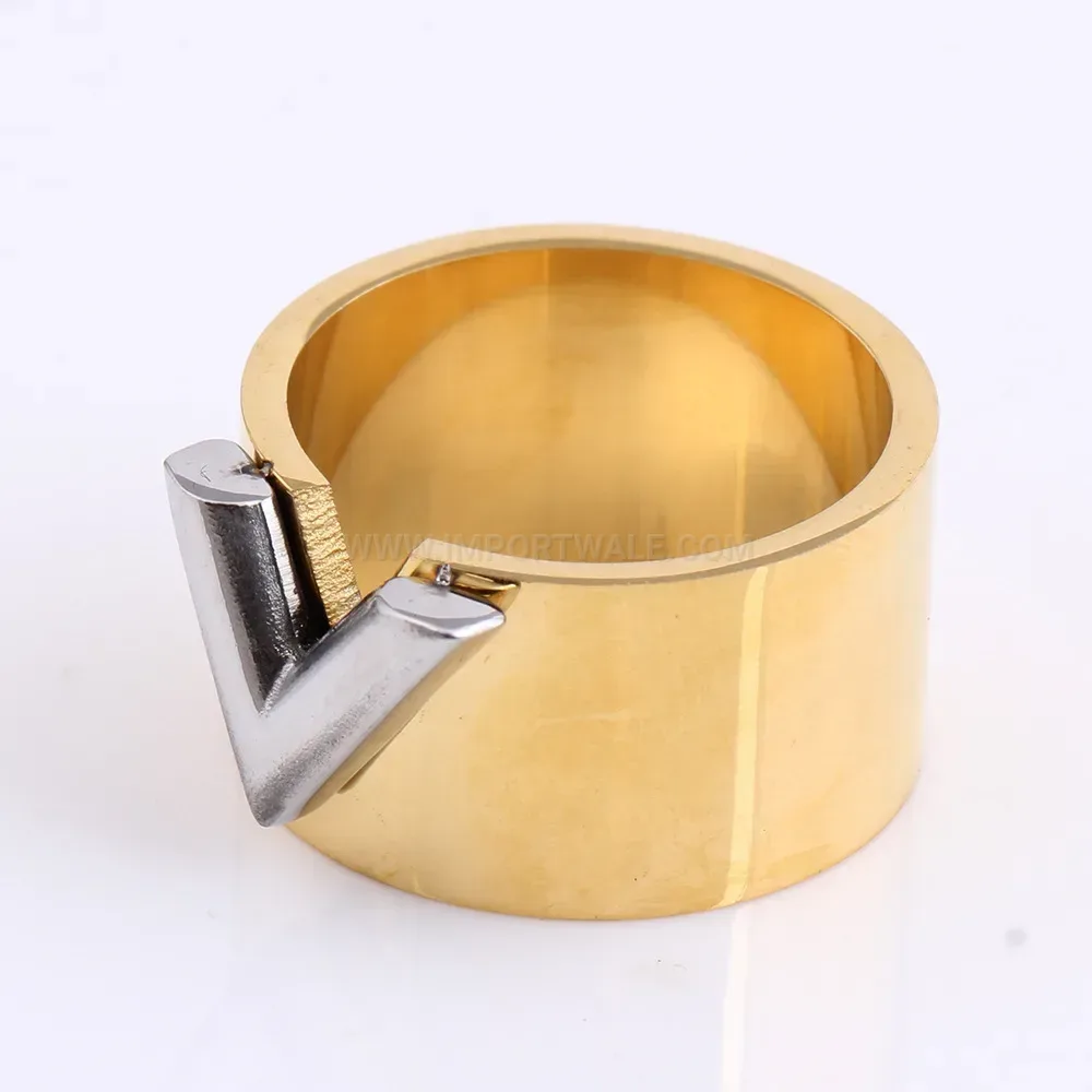 Stylish Two Tone Stainless Steel Wide V Letter Band Ring
