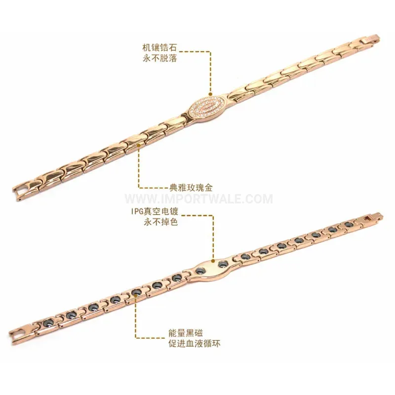 Stylish Sparkling Rose Gold Titanium Bio Bracelet Embedded with Black Hematite