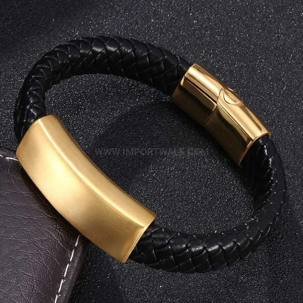 Woven Leather Braided Cuff Bracelet With Stainless Steel Accents