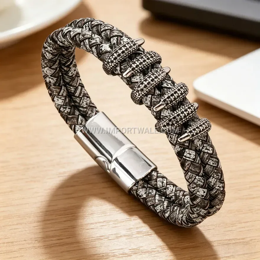 Woven Leather Claw Accent Wristband Bracelet