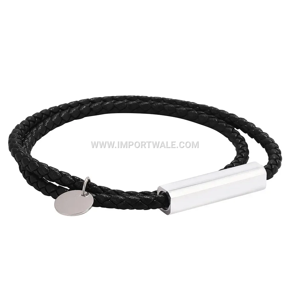 Dual-Strand Leather Wrap Bracelet with Stainless Steel Magnetic Clasp