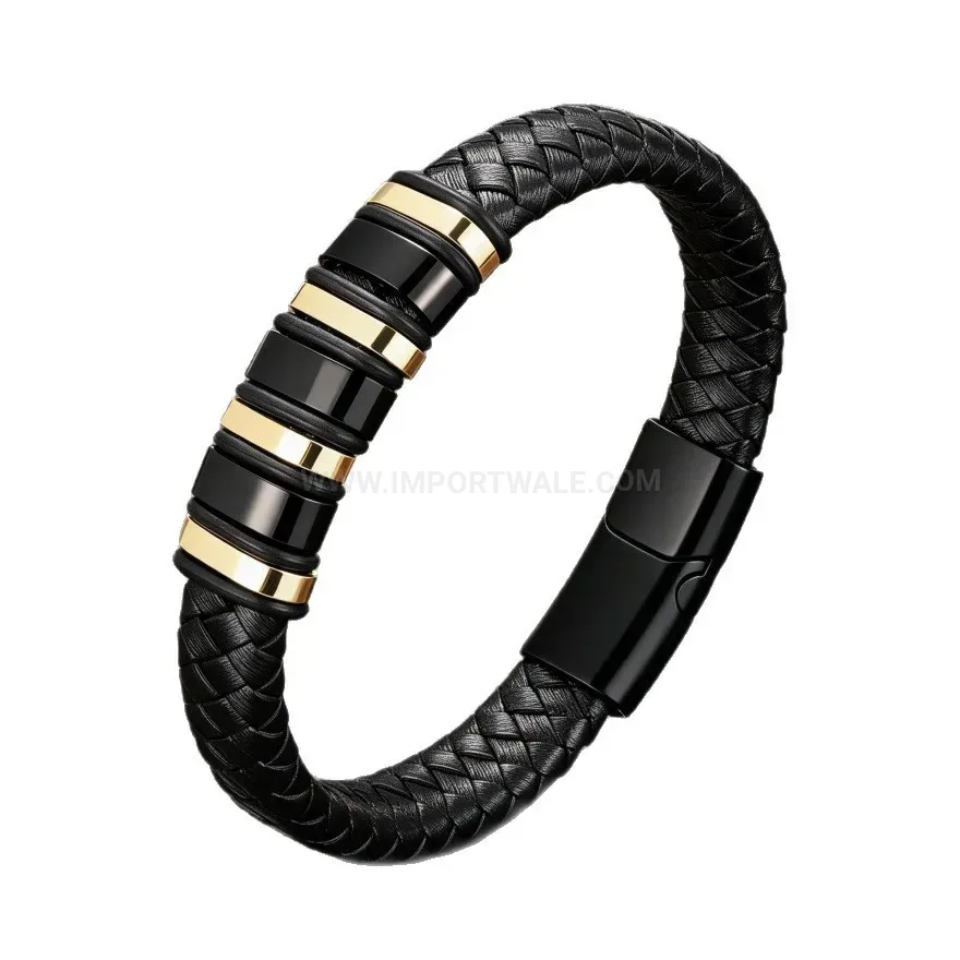 Elegant Braided Faux Leather Wristband Bracelet with Alloy Magnetic Closure