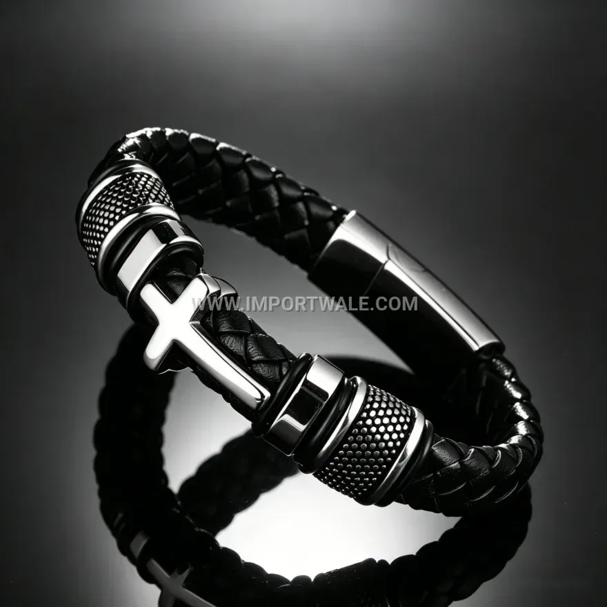 Multi-Ring Cross Accent Leather Wristband With Magnetic Clasp
