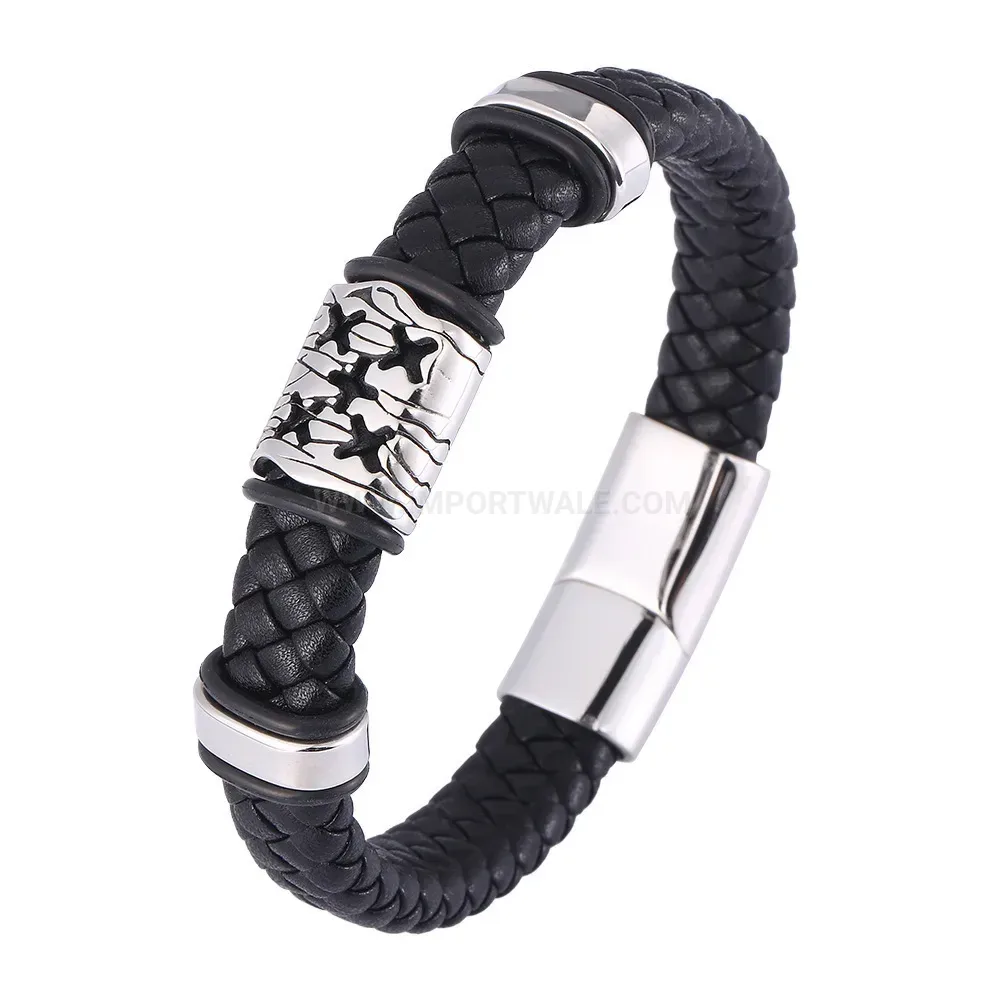 Viking Style Beaded Leather Wristband with Steel Accents