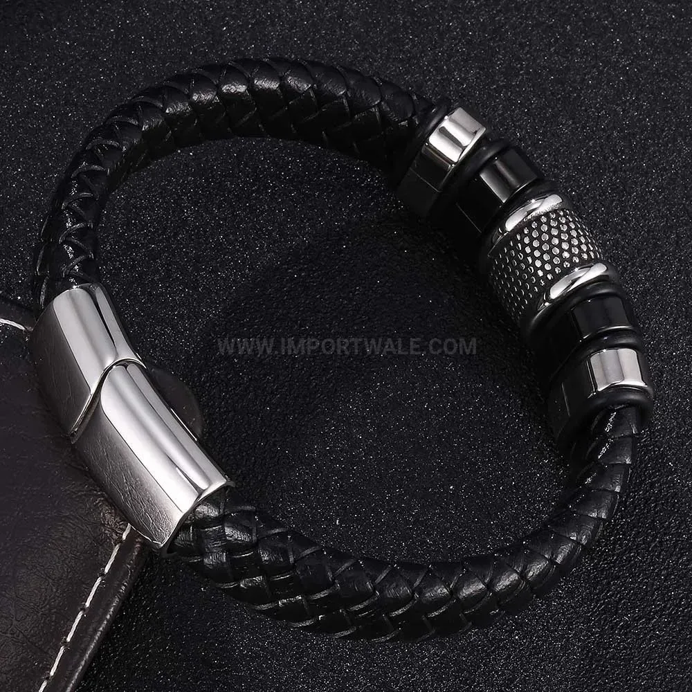 Woven Black Leather Wristband with Electroplated Stainless Steel Detail