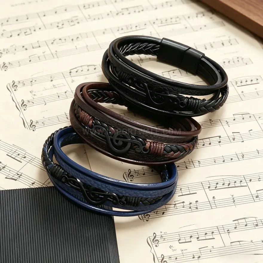 Fashion Multi Layer Braided Leather Treble Clef Bracelet with Magnetic Clasp