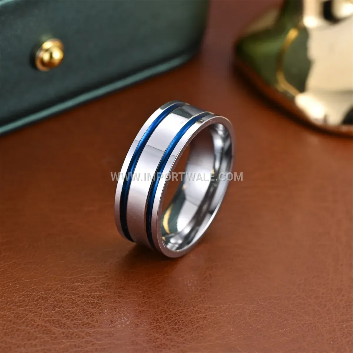 Blue Dual Line Inlay Stainless Steel Men Band Ring