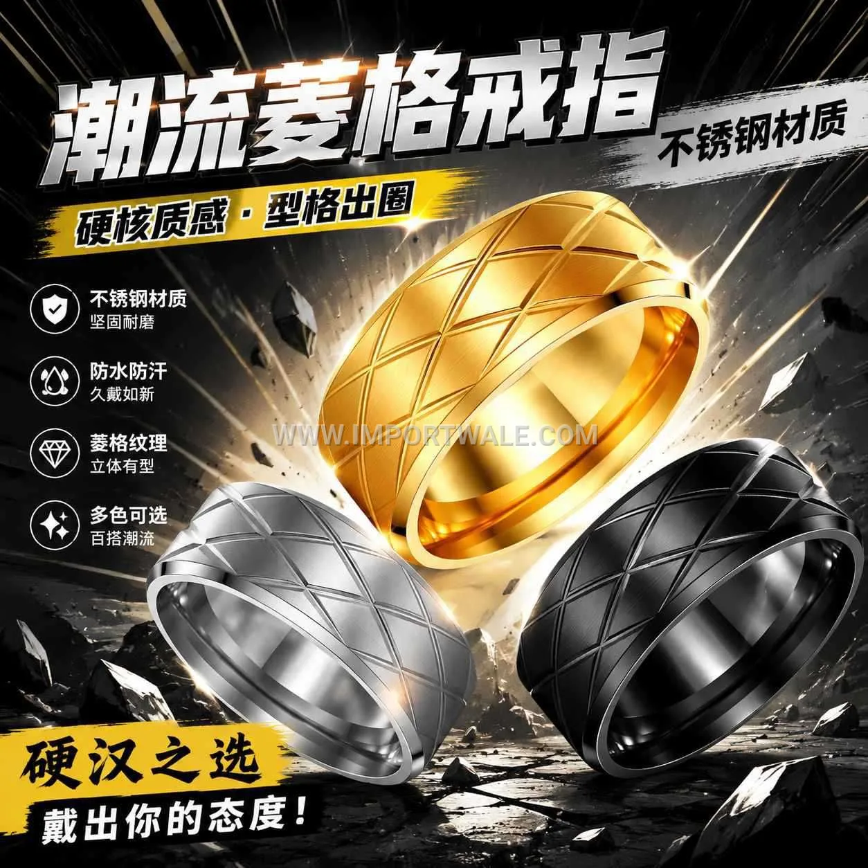 Engraved Lattice Pattern Stainless Steel Band Ring