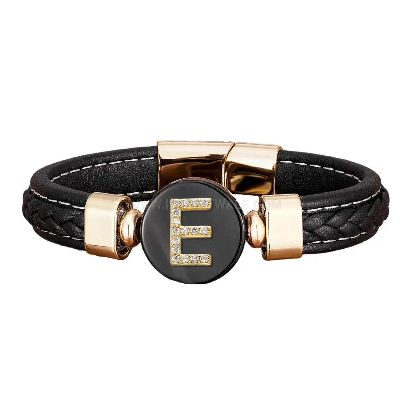 Handcrafted Leather Cord Stone Bracelet Featuring Monogram Stainless Steel Accents