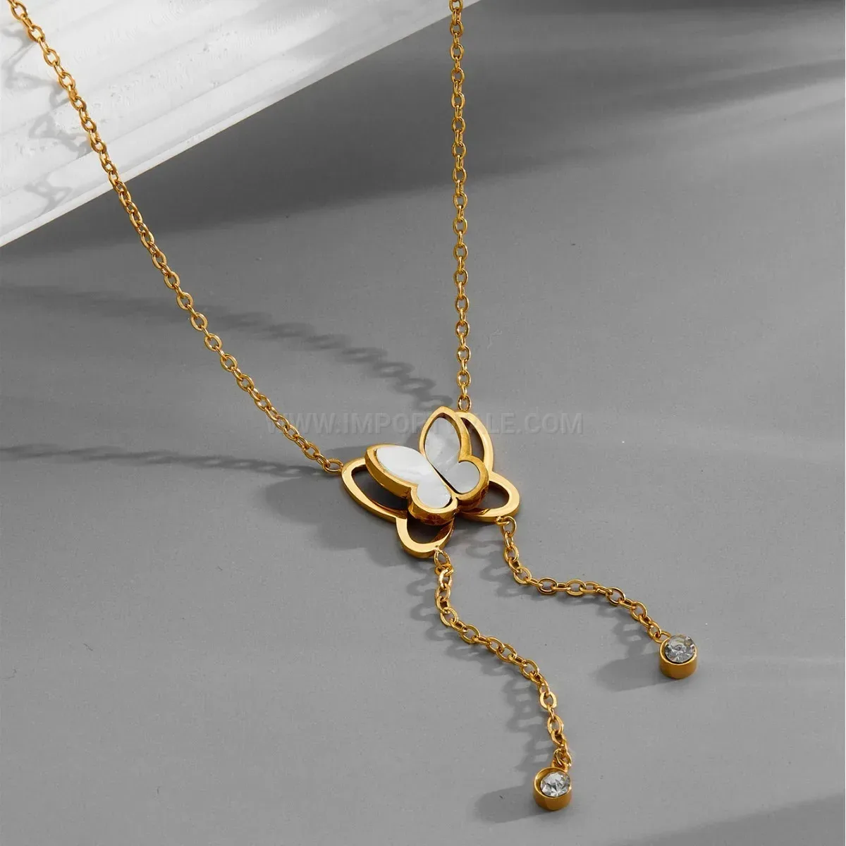 Gold Titanium Steel Hollow Butterfly Tassel Mother of Pearl Pendant Necklace