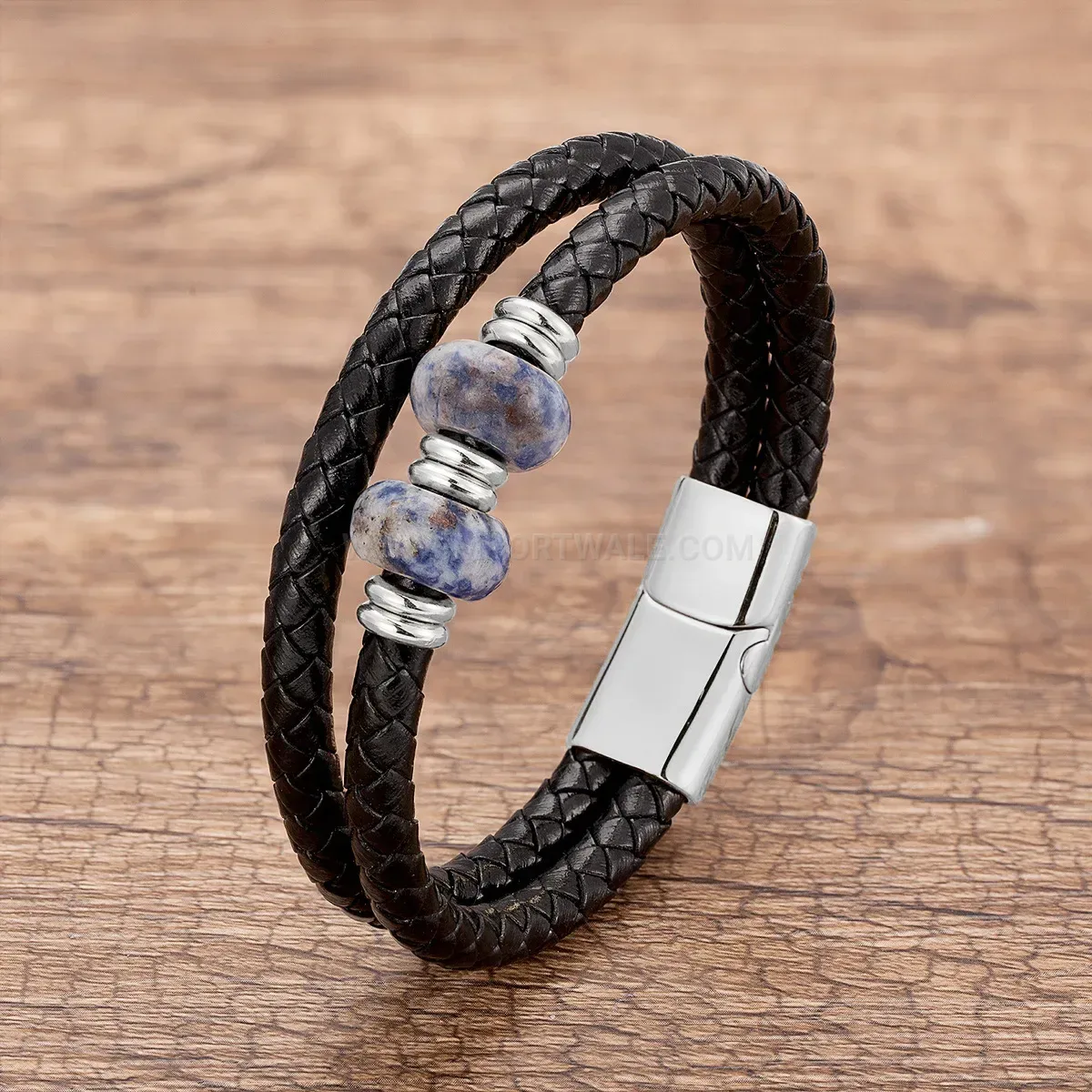 Double Layer Hand Woven Leather and Natural Stone Bracelet