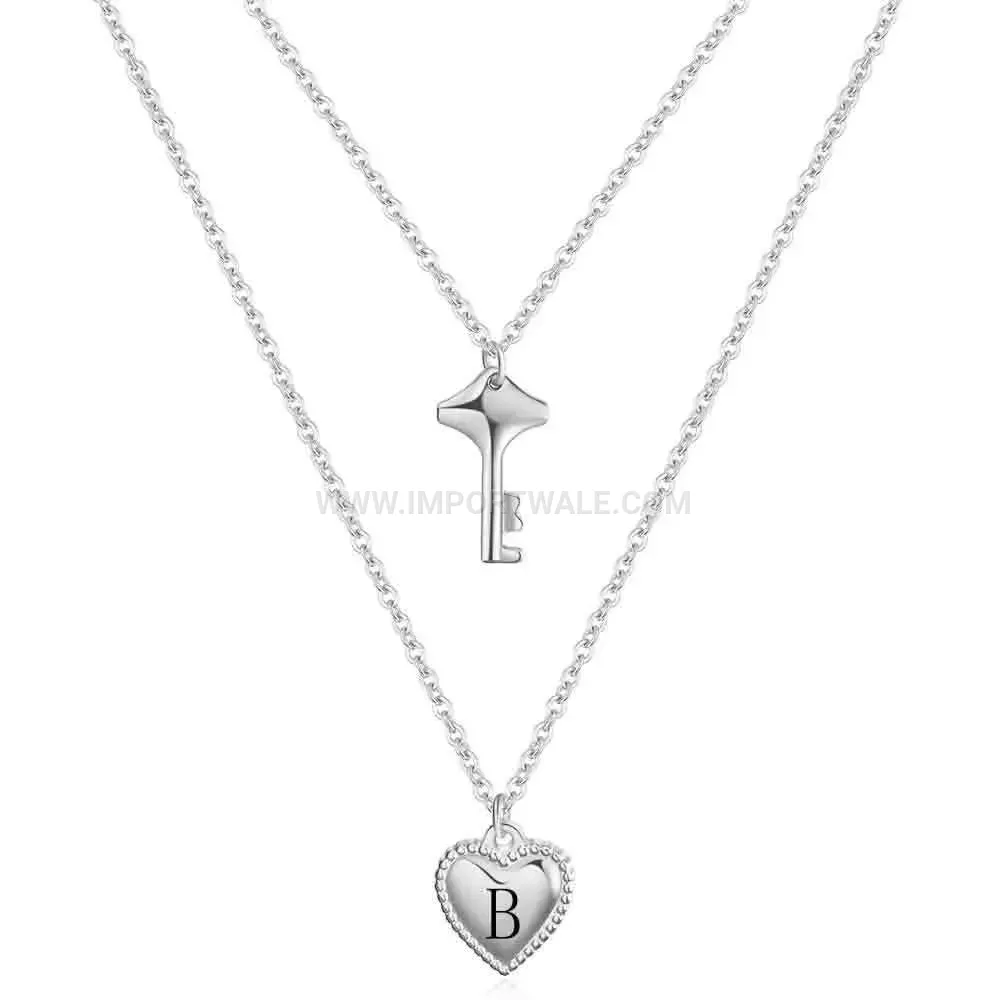 Titanium Steel Initial Letter Key and Heart Pendant Choker Necklace
