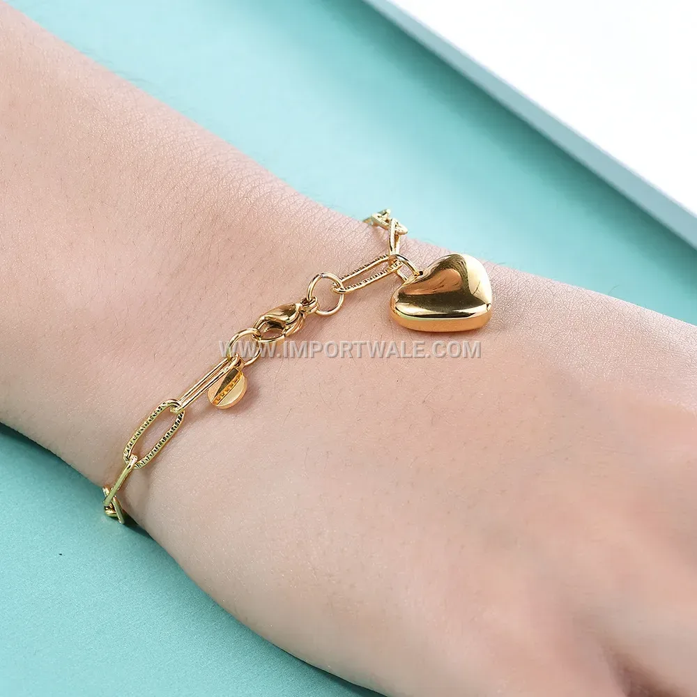 Stainless Steel Paperclip Link Bracelet With Heart Disc Charm
