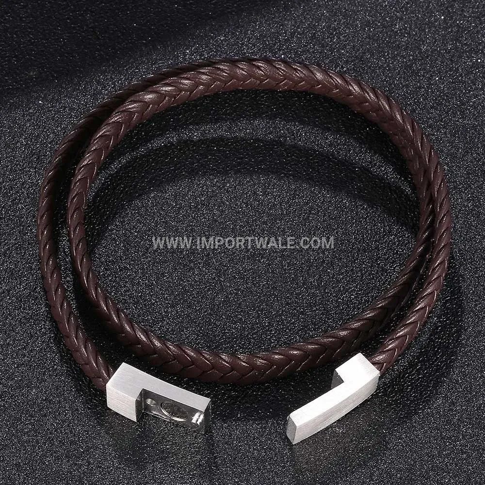 Braided Double-Layer Leather Bracelet with Magnetic Stainless Steel Clasp