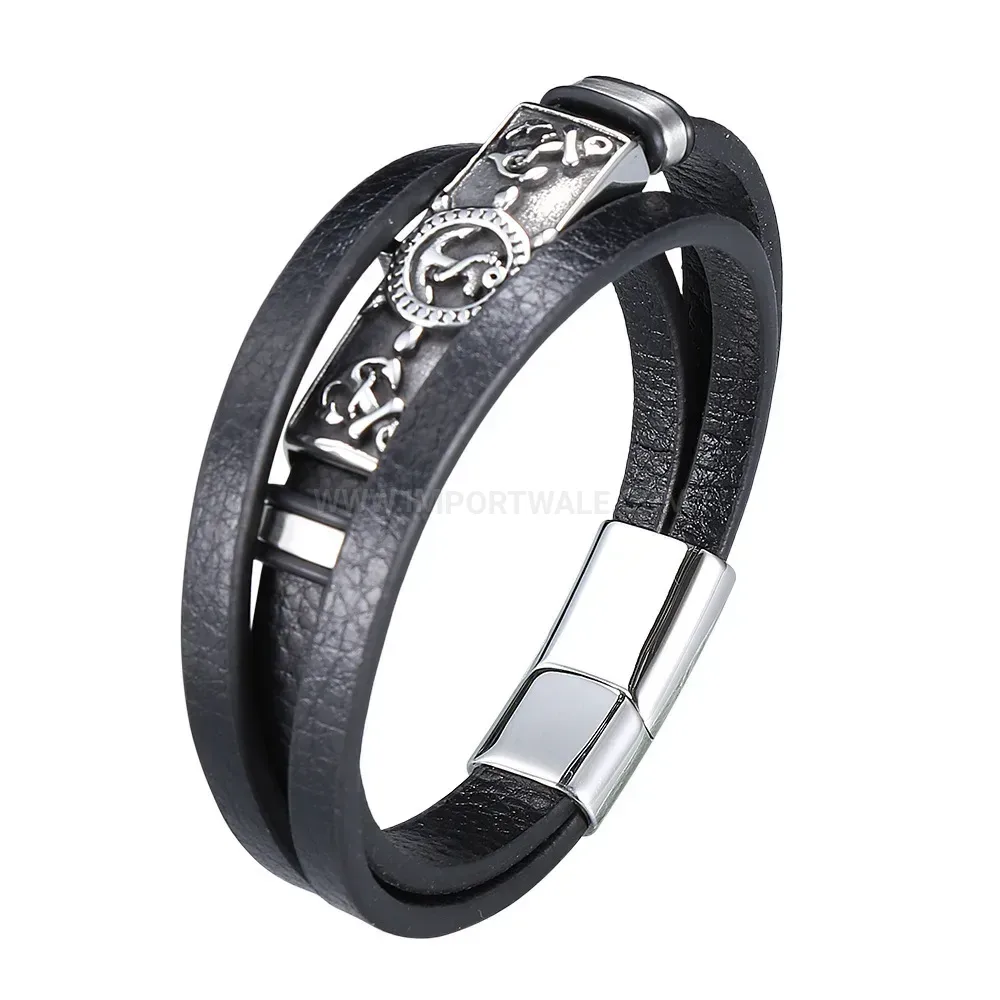 Anchor Motif Leather Bracelet with Stainless Steel Detail