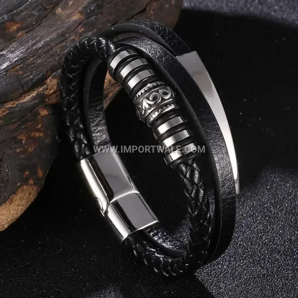 Woven Leather Cord Bracelet Metallic Accent Wristband