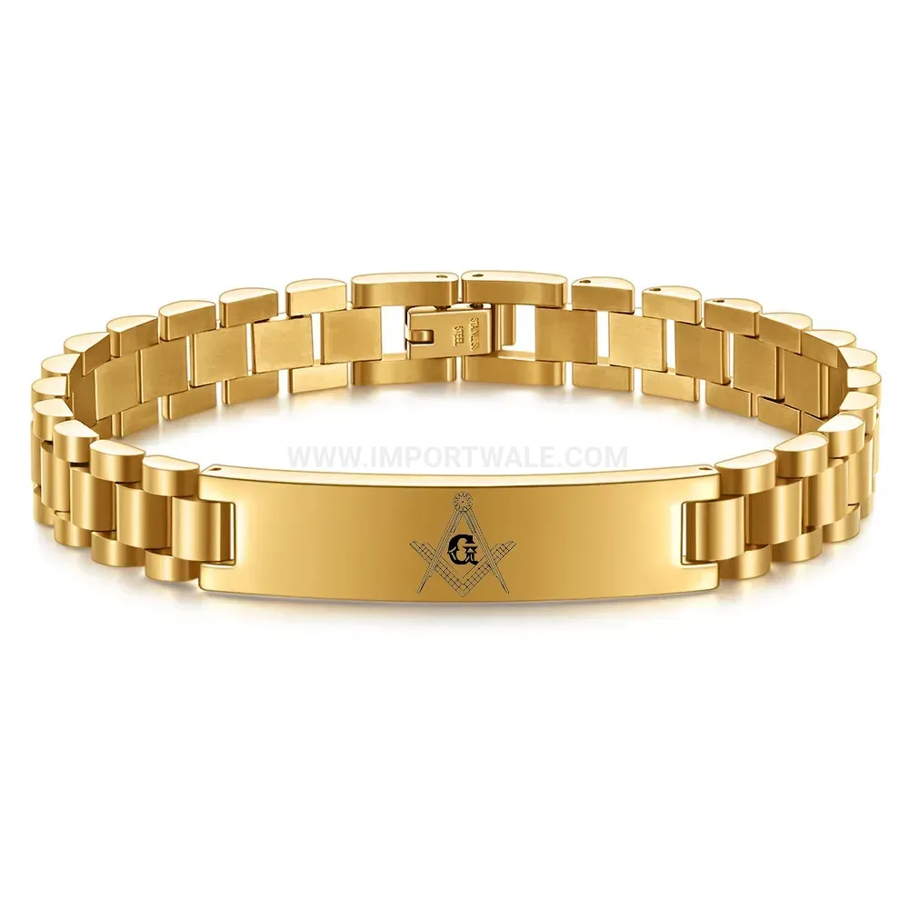 Men's Stainless Steel Masonic Curved Plate Watch Band Bracelet