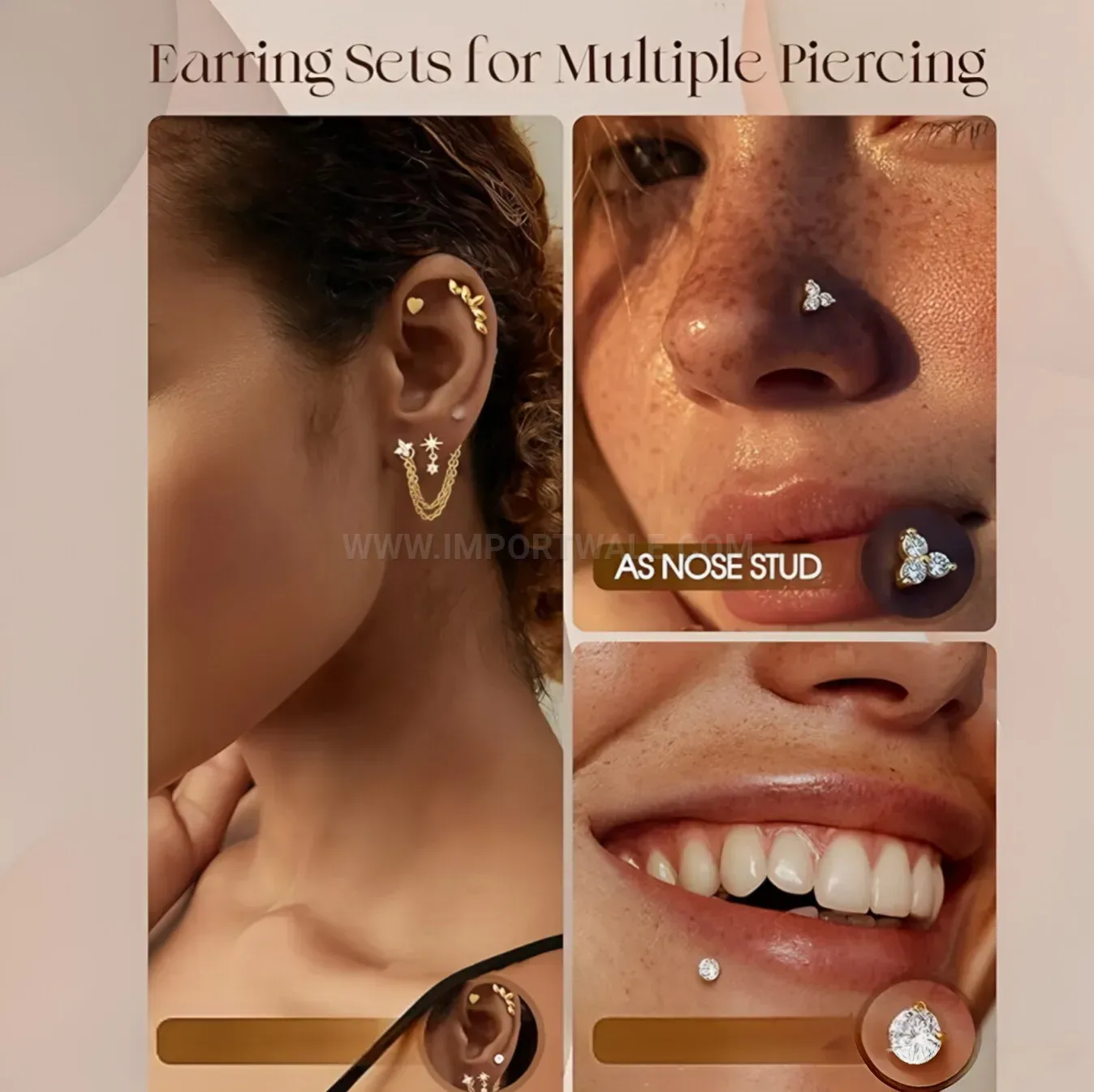 Chic Stainless Steel Floral Chain Piercing Ear Cartilage Stud Set