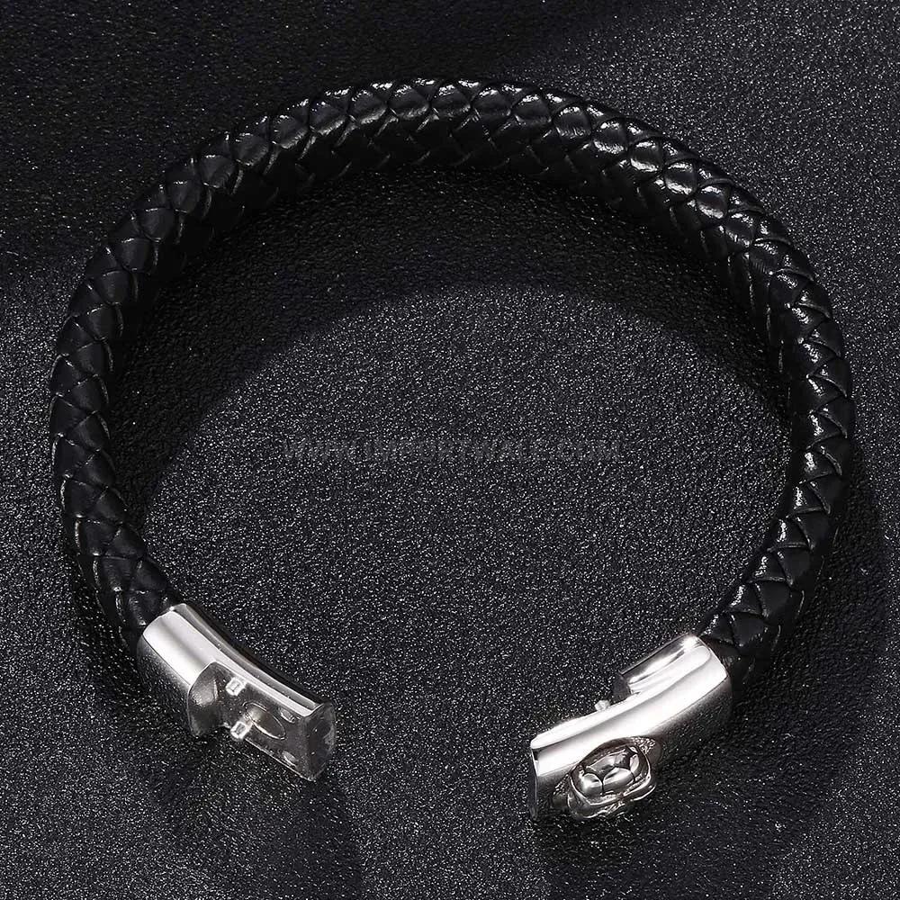 Skull Accent Braided Leather Stainless Steel Men Bracelet