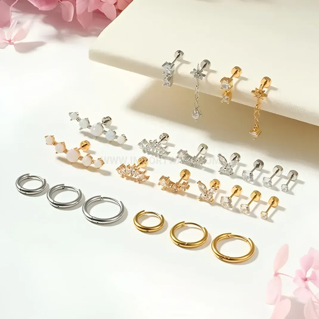 Chic Titanium Steel Leaf Piercing Stud Earrings Set with Zirconia