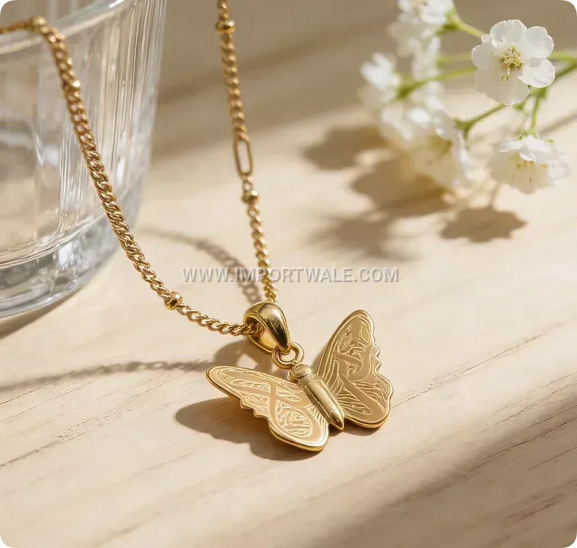 Gold Plated Stainless Steel Vintage Calligraphy Butterfly Pendant Necklace